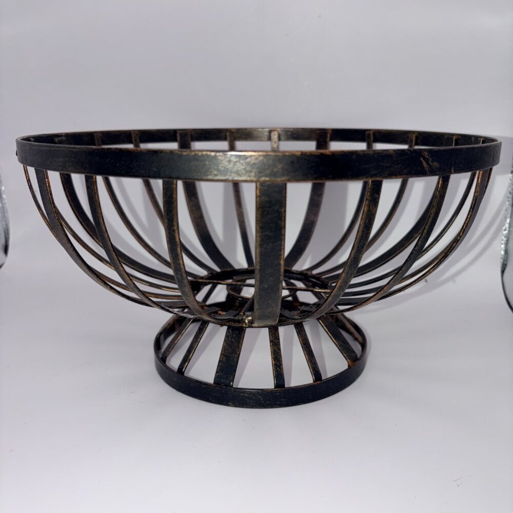Vintage Black Metal Wire Pedestal Bowl Basket | Industrial Farmhouse Decor - Picture 3 of 9